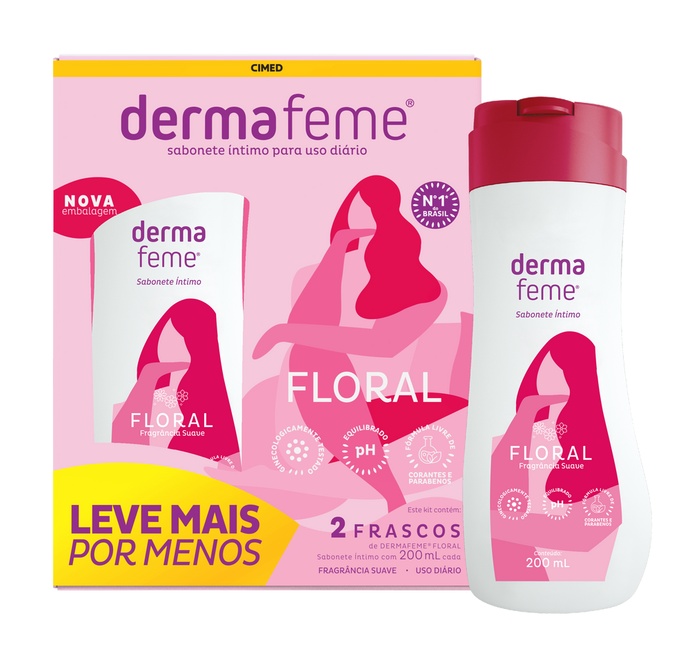 Imagem ilustrativa frente caixa e embalagem Kit Sabonete Líquido Íntimo Dermafeme Floral com 2 Unidades De 200ml