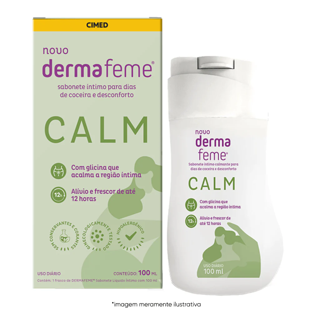 Imagem da embalagem e do frasco do sabonete íntimo Dermafeme Calm. 