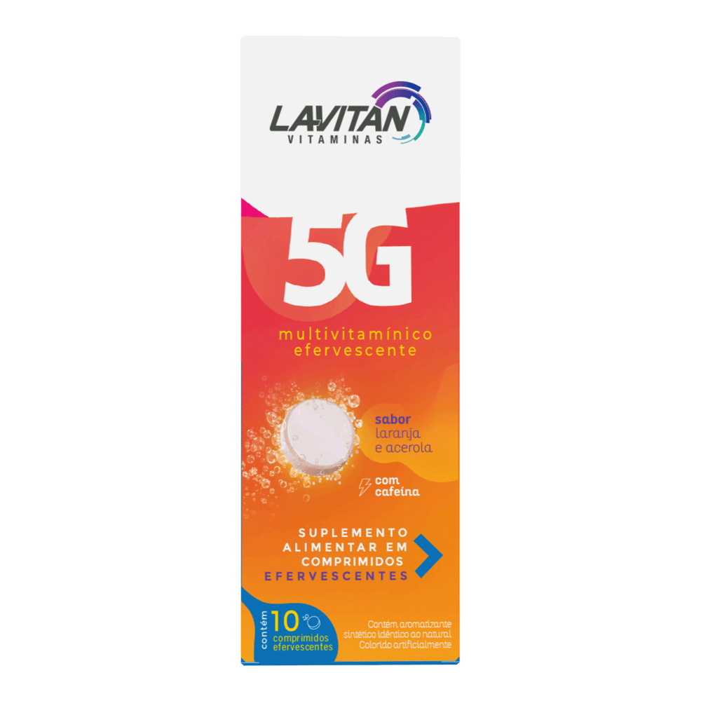 Multivitamínico Efervescente Lavitan 5G Sabor Laranja e Acerola Com Cafeína Com 10 Comprimidos