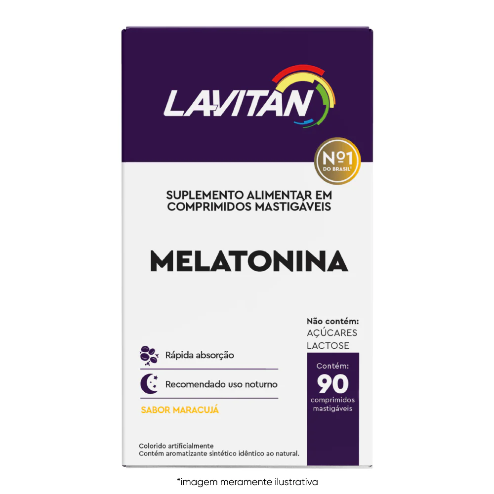 Imagem ilustrativa frente Lavitan Melatonina sabor maracujá com 90 comprimidos.