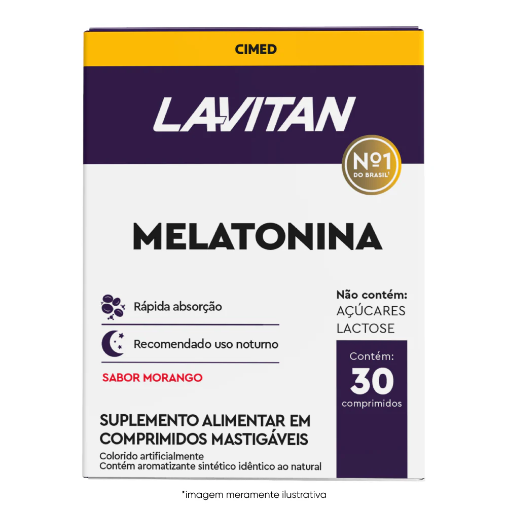 Imagem ilustrativa frente Lavitan Melatonina sabor morango com 30 comprimidos. 