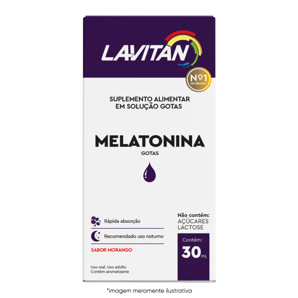 Imagem ilustrativa frente da embalagem de Lavitan melatonina Gotas sabor morango.