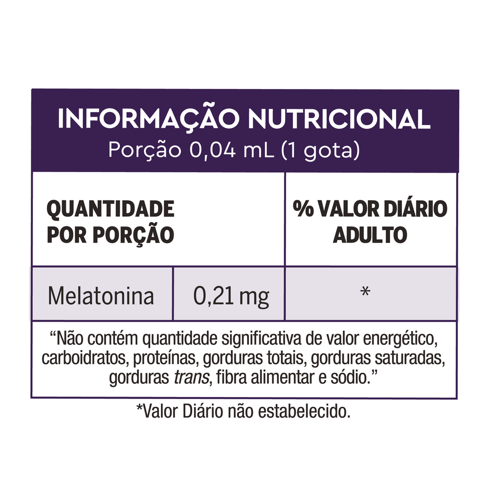 Tabela nutricional da embalagem de Lavitan melatonina Gotas sabor morango.
